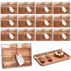 Teenyyou 12 Sets Acacia Wood Serving Tray Set 10 x 5.5 Inch Mini Rustic Charcuterie Boards Knife Fork Gift Box Thank You Cards Wedding Favors for Guests Housewarming Wedding Bridal Shower Party