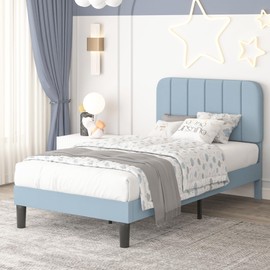 VECELO Twin Size Bed Frame with Upholstered Headboard, Velvet Platform Bedframe Mattress Foundation, Strong Wood Slat Support, No Box Spring Needed,Light Blue