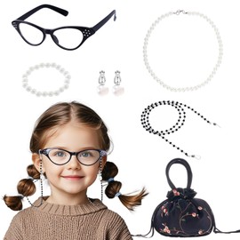 Rthjsfj 6Pcs Old Lady Grandma Costume Kit - Granny Glasses, Eyeglasses Chain, Handbag, Necklace, Bracelet, Ear Clips