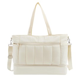 PTAHTHOTH Weekender Bags for Women Travel Duffle Bag, Personal Item Travel Bag with Shoe Compartment, Carry On Overnight Bag with Wet Pocket, Puffer Tote Bag Gym Duffel Bag Hospital Bag, Beige