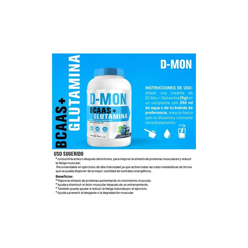 Aminoácidos Bcaas + Glutamina D-mon 1kg Sabor Mora Azul