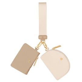 Hovmwey Keychain Wallet, Detachable Dual Pouch Wristlet Wallets for Women Men, Portable Mini Zip Around Small Wallet Coin Purse (Khaki+White)