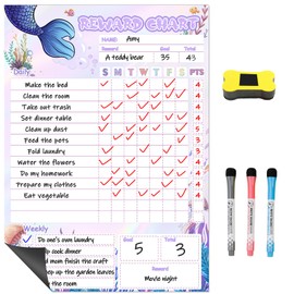 UmiiArt Magnetic Dry Erase Chore Chart for Kids - 12”x8” Behavior Responsibility Reward Chart Reusable Whiteboard Fridge Magnet with 3 Erasable Markers & Eraser (Mermaid)