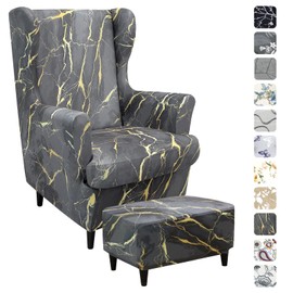 Alishomtll 3-Piece Wing Chair Cover with Ottoman Protective Cover, Stretch Armchair Throws, Elastic Armchair Cover, Strandmon Tiger Chair Cover with Armrest, High Backrest, Universal (Grey Gold