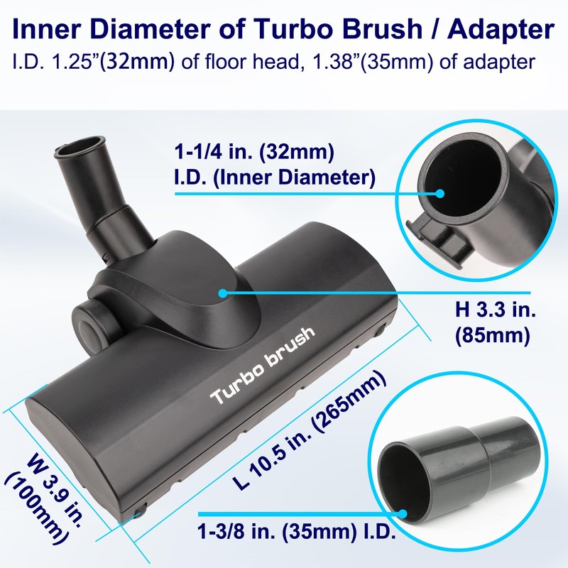 Portek Turbo Brush Head for 1-1/4" 1-3/8"(35mm) Vacuum Cleaners, Turbohead