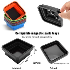 Yourkar Collapsible Magnetic Parts Tray, 4.5 Inch Foldable Magnetic Square Silicone Tray, Tool Tray Set with Double-Sided Magnetic Base for Screw Bolts Nuts Pins, Car Accessories (Black+Black, 2PCS)