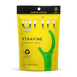 Grin GRIN XtraFine Flosspyx, Floss Picks, 75 Count, Dental Flossers, Minty Flavor, Recycled Plastic, for Super Tight Teeth, Longer Floss Head, Slide Between Teeth, Includes Safe Soft Fold-Back Tooth Pick
