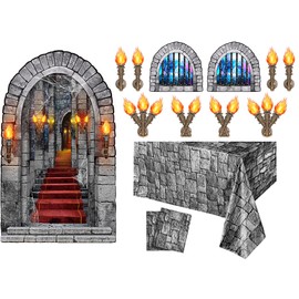 Tallew 13 Pieces Medieval Party Decorations Scene Setter Set Castle Including Window Torch Plastic Brick Tablecloth Knight Themed for Table Wall Decor, 137 cm x 274