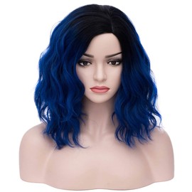 BERON 14 Inches Blue Wig Short Curly Wig Charming Wave Wigs Ombre Blue Wig Bob Wigs for Women Synthetic Wig with Wig Cap