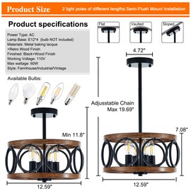 Faibra 4-Light Farmhouse Drum Pendant Light,12.6'' Nature Wood Texture Vintage Rustic Chandeliers Black Metal Industrial Hanging Light Fixtures for Entryway, Bedroom Dining Room