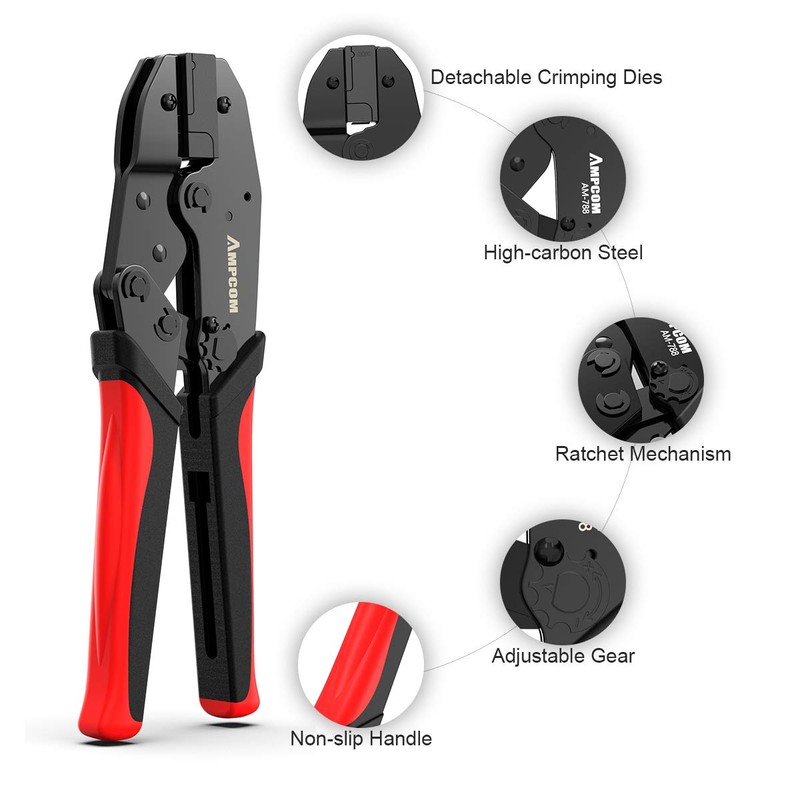 AMPCOM One-step RJ45 Ratcheting Crimper for Cat6A, Cat7 Shielded Connector