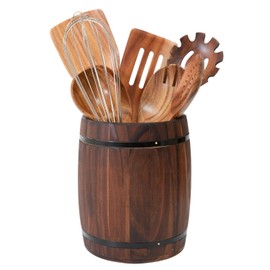 Tomato Garden Wooden Utensil Holder, Brown, Barrel Shape, Holds Spoons and Scoops, Wine Barrel Design, Painted, Smooth Surface, Sturdy Construction