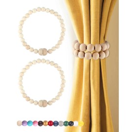 Magnetic Curtain Tiebacks Boho Beaded: Strong Magnets, Boho Decor Wood Bead Curtain Tiebacks, Farmhouse Decor Curtain Tie Backs for Curtain Holdbacks, Baby Nursery Decor, Natural, 2 Pack