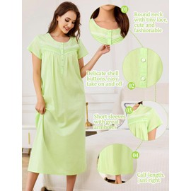 IZZY + TOBY Cotton Nightgowns for Women Long Lightweight Short Sleeves Ladies Soft Nightdress Pajamas, Fruit Green, Medium