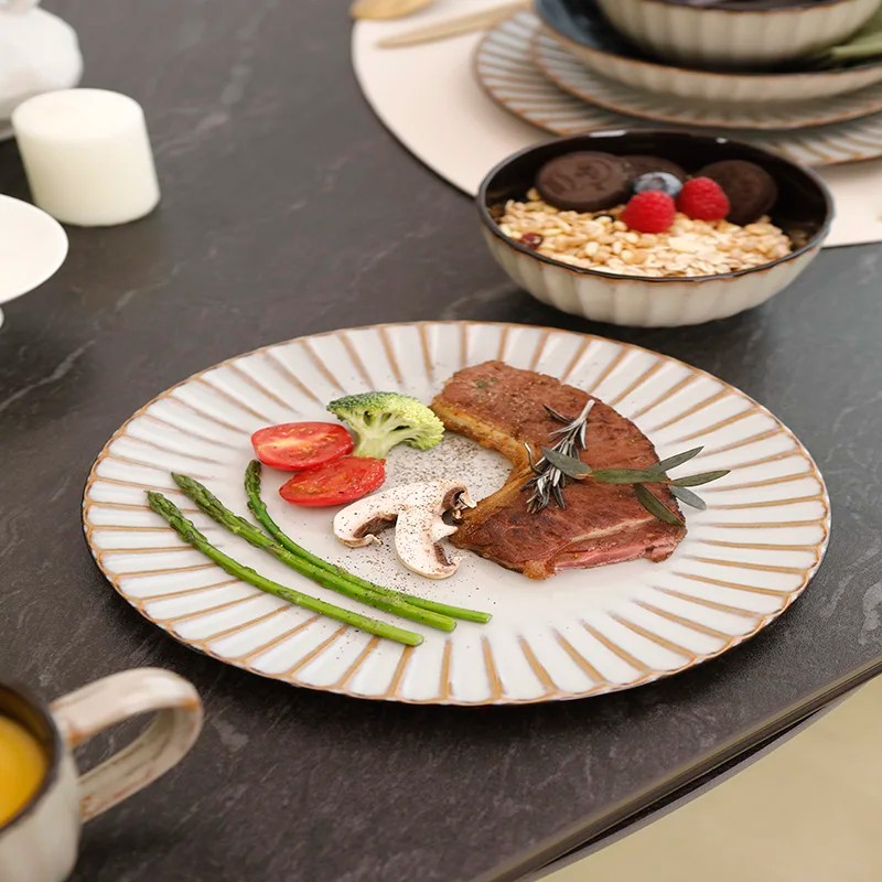 Semtember Promotion Golden Beige Stone Tool Embossed Tableware Set High