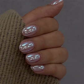 Chrome Press on Nails Short Oval MABKJLF Fake Nails False Nails with Metal Designs Colorful Glossy Glue on Nail Full Cover Acrylic Nail for Women Girls 24Pcs