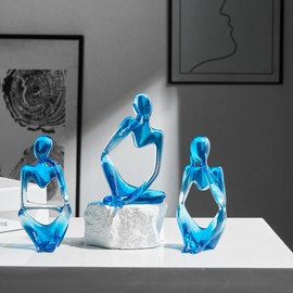XINXUAN 3Pcs Thinker Statue Sculptures Office Decor Small Shelf,Bookshelf Decor TV Stand Decor Resin Collectible Figurines Home Decorations for Living Room (Dark Blue)