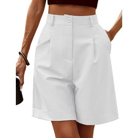 HOTOUCH Women's Knee Length Shorts High Rise Wide Leg Shorts Lightweight Pleated Lounge Shorts with Pockets White M