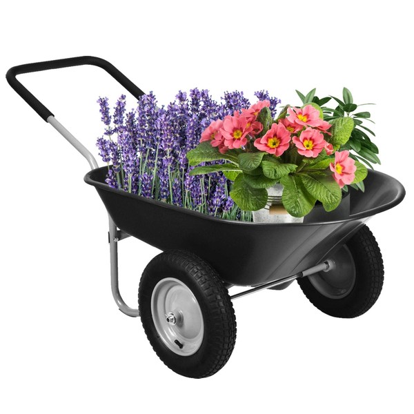 IRONMAX Garden Dual-Wheel Wheelbarrow, Heavy Duty Utility Yard Cart w/ 2x14’’ All-Terrain Wheels & Built-in Stand, Wheel Barrow for Lawn, Yard, Farm, Gardening & Planting (Black)