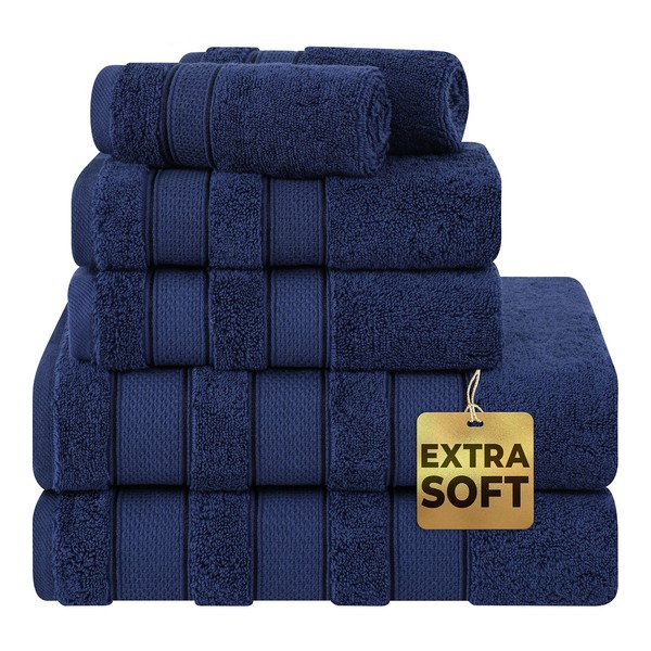 American Soft Linen Salem Bath Towel Set, 6 Piece Towels for Bathroom, 100% Turkish Combed Zero Twist Cotton, 2 Bath Towels 2 Hand Towels 2 Washcloths, Navy Blue