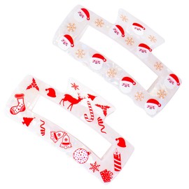 Christmas Hair Claws for Women, 2PCS Acrylic Santa & Reindeer Hair Clips Square Xmas Claw Clips for Thick & Thine Hair Candy Cane Elk Snowflake Hair Accessories for Christmas Holiday Party Decor