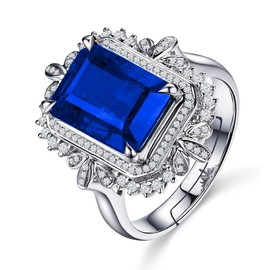 Uloveido Luxury Synthetic Sapphire Ring, White Gold Plated Adjustable Emerald Cut Cubic Zirconia Rings Wedding Engagement Jewelry Y988 (Blue)