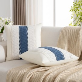 DakTou Cushion Cover 45 x 45 cm, Set of 2 Boho Cotton Cushion Covers, Navy Blue Striped Woven Textured Vintage Ethnic Cushion Cover, Outdoor Cushion, Sofa Cushion, Decorative Cushion Covers