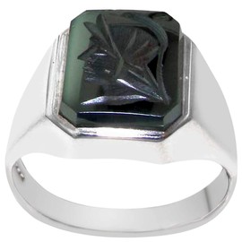LetsBuyGold Solid Sterling Silver Carved Centurions Head Natural Hematite Mens Mans Signet Ring- Sizes 6 to 13