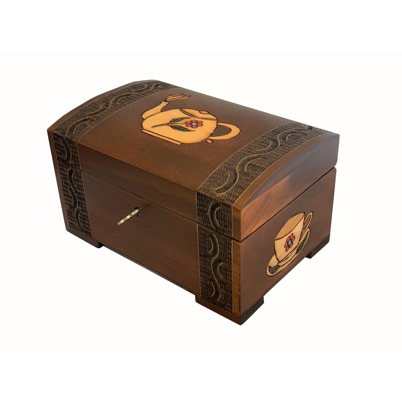 MilmaArtGift Tea Chest Hand-Carved Floral Teapot Design Decorative Wood Chest