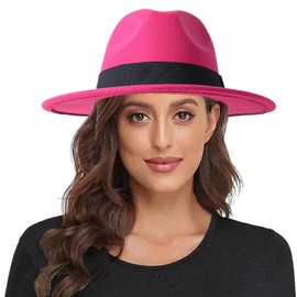 Lanzom Women Wide Brim Warm Wool Fedora Hat Retro Style Belt Panama Hat (Rose, One Size)