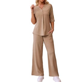 Ahlaray Women 2 Piece Outfits 3/4 Sleeve Lounge Set V Neck Pullover With Wide Leg Pants Khaki Loungewear, XL