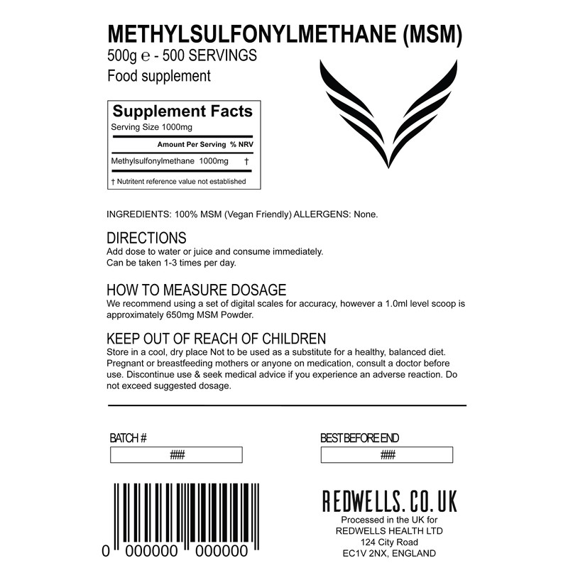 MSM Powder REDWELLS Crystalline Methyl Sulfonyl Methane GMO Free -
