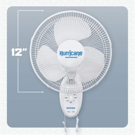 Hurricane Supreme 12 Inch Oscillating Wall Mount Fan with 3 Speed Settings and 90 Degree Oscillation, White