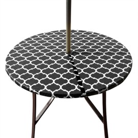 Hipinger Vinyl Round Fitted Tablecloth with Zipper and Umbrella Hole, Outdoor Oil Waterproof Stain Resisteant PVC Table Cover 40-44 Inch, Black Moroccan, Fitted 50" Round