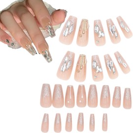 Sylphicore Press on Nails Square French Tip Full Cover False Nails Glitter 3D Rhinestones Decorations Artificial Manicure Charms Design Glossy Nail for Women and Girls