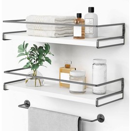 White Floating Shelves for Bathroom Organizer Over Toilet, Bathroom Shelves Wall Mounted with Towel Rack, Corner Wall Shelf for Bedroom Decor Kitchen Storage (White-Dark Grey, Set of 2),Practical Gift