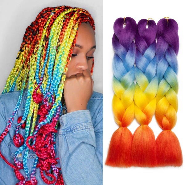 S-noilite Ombre Jumbo Braiding Hair Extension Colorful Box Twist Braid Crochet Hair ombre 3 Tone Long Jumbo Braids Jumbo Braids Crochet Hair Extensions 24In (6 Bunldes,purple to blue to yellow to orange)