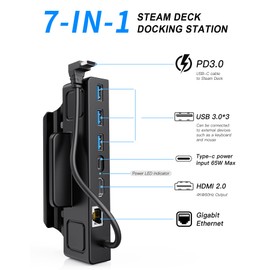 Benazcap Docking Station for Steam Deck OLED 2023/Steam Deck 2021, 4K@60Hz HDMI 2.0, Gigabit Ethernet Port, 3 USB A 3.0 5Gbps Data Ports, 65W Power Delivery, Compatible with Valve Steam Deck Console