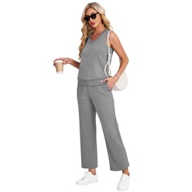 WIHOLL Lounge Sets for Women Airport Outfits V Neck Tops Matching Sets Wide Leg Crop Pants Loungewear Set Grey L