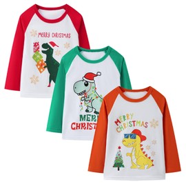 HILEELANG Toddler Boys' Long Sleeve Tee Shirts Cotton Crewneck Red Green Christmas Dinosaur Graphic Tops T-Shirts 3 Packs 4T