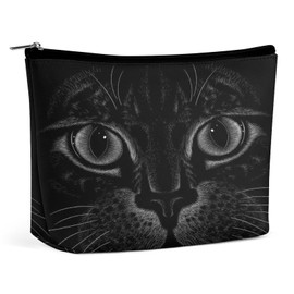Women PU Leather Cosmetic Bag, Toiletry Storage 6.8x5.9x2.3 in Zipper Pouch Handbag Makeup Case Purse Holder Organizer Print Black Cat Face on Dark