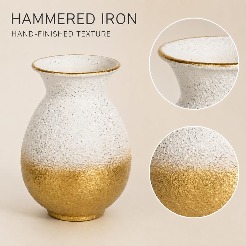 Textured Metal Vase, 7.6 x 5.1 Inch, White and Gold