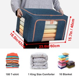 Large Storage Bags,Stackable Clothes Storage Bins with Hold Shape Metal Frame,Foldable Closet Organizer Containers with Zipper,Clear Window,Thick Fabric for Seasonal Clothing (Navy, 100L x 4 Pack)
