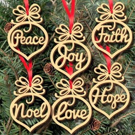LATERN 36Pcs Wooden Christmas Ornaments, 6 Styles Hollow Letter Pendant Xmas Tree Hanging Tags with Red Strings - Crafts Embellishments Decor for Christmas Tree Holiday Wedding (10 x 7cm)