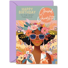 Granddaughter Birthday Card – Fabulous Floral Afro Queen Design – Tropical Flowers – Stylish Colourful Greeting for Granddaughter – 5x7 Inches with Envelope – Modern Card for Her