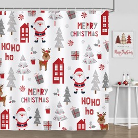 COZZSNUGE Merry Christmas Shower Curtain, Cute Santa Claus Xmas Tree Elk House Modern Winter Shower Curtain for Bathroom Waterproof Polyester Fabric with 12 Hooks, 72 x 72 Inches