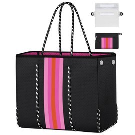 IBFUN Neoprene Bag, Large Multipurpose Beach Bag Neoprene Tote Bag with Inner Pocket for Women/Pool(Black Pink)