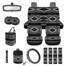 Wanyint Aztec Black 15 PCS Car Seat Cover Full Set, with Steering Wheel Cover Seat Belt Strap Cover Trash Cans Rear View Mirror Cover Cup Coaster Keychain Air Vent Storage Bag Car Decor Universal Fit