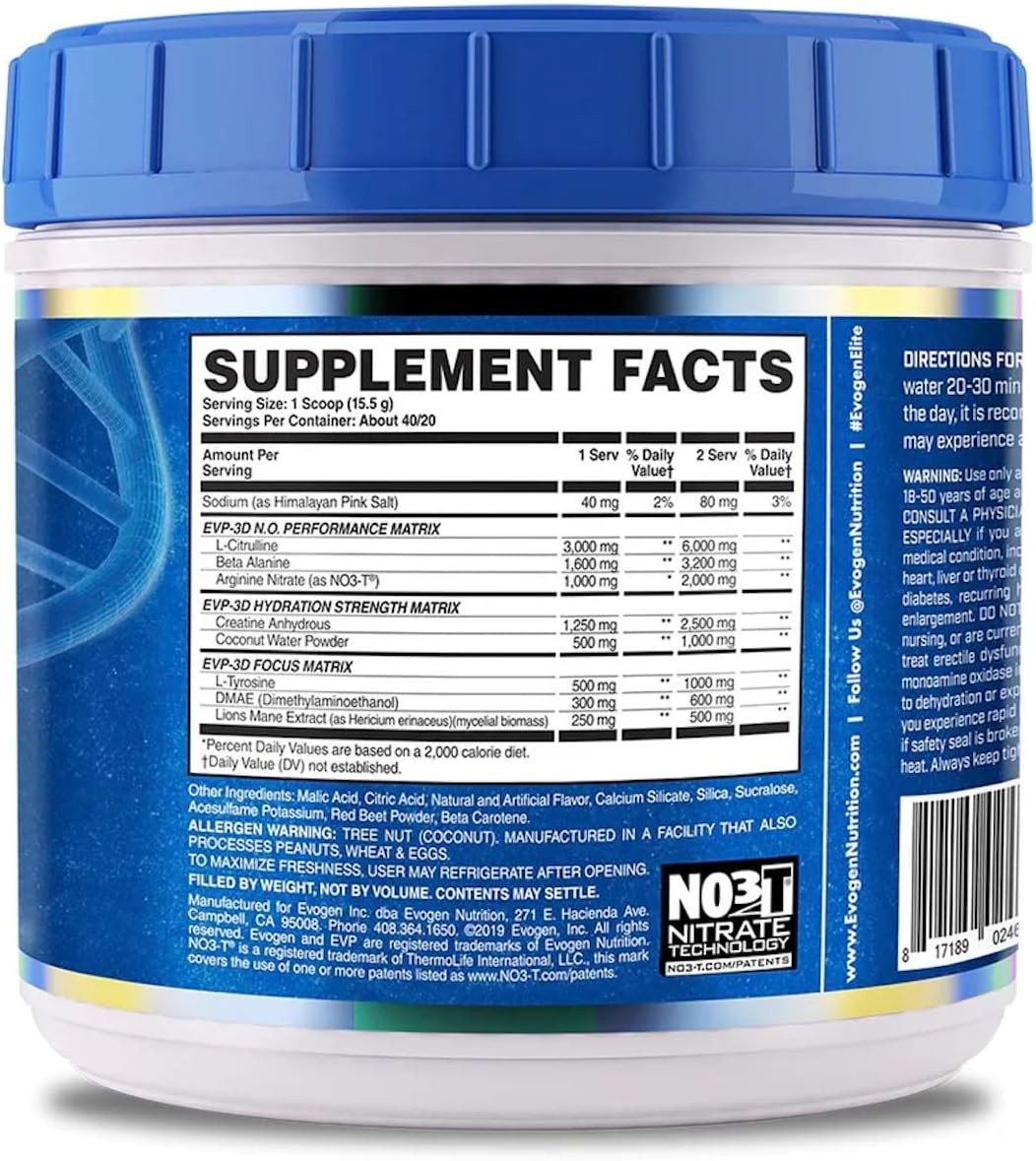 Evogen EVP-3D  Pre-entrenador, nitrato de arginina, citrulina, beta-alanina, libre de estimulante  40 servicos (TROPIC THUNDER)