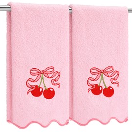 Hillsuren 2 Pcs Cherry Bow Scalloped Hand Towels 26 x 13 Embroidery Coquette Cherry Bow Bathroom Decor 100% Cotton Soft Absorbent Boho Scalloped Hand Towels for Kitchen Bathroom